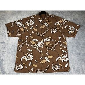 Tommy Bahama Mens XL Brown Floral‎ Silk Camp Shirt Short Sleeve Textured Batik